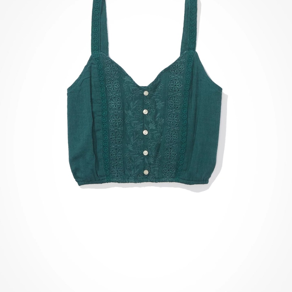 American Eagle Teal Embroidered Button-Front Crop Tank Top XS